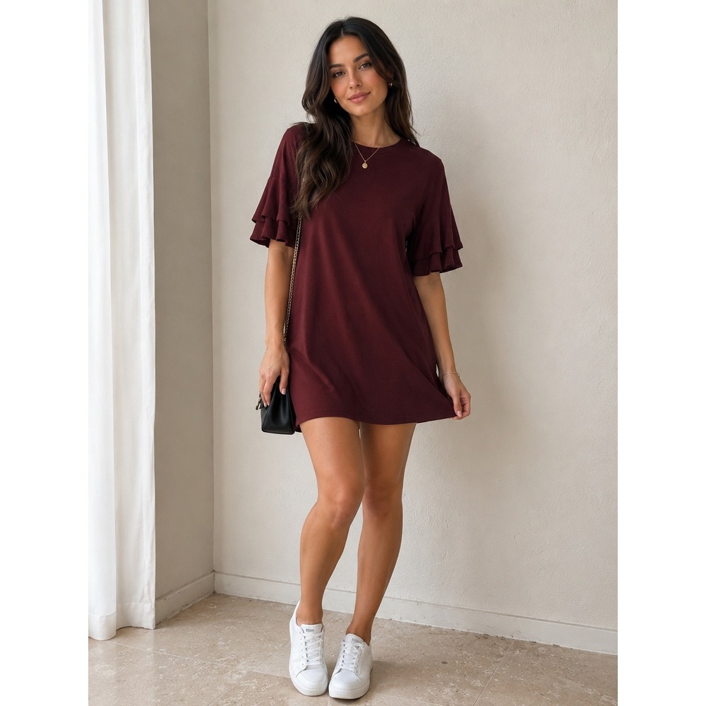 Planet Gold Burgundy‎ Ruffle Tiered Sleeve T-Shirt Mini Dress XS